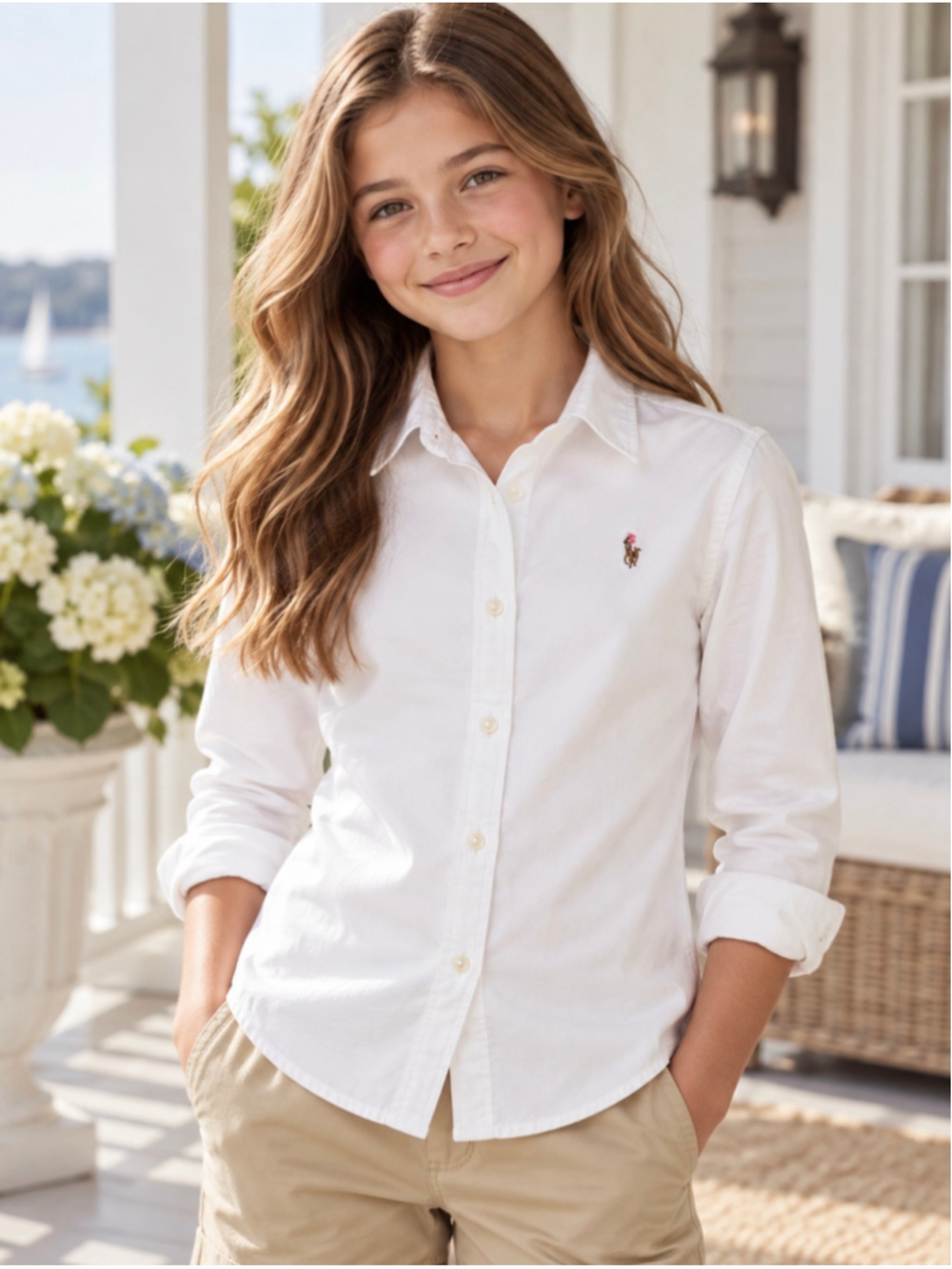 Ralph Lauren Girls Youth M White Cotton Oxford Pink Pony Button Down Shirt
